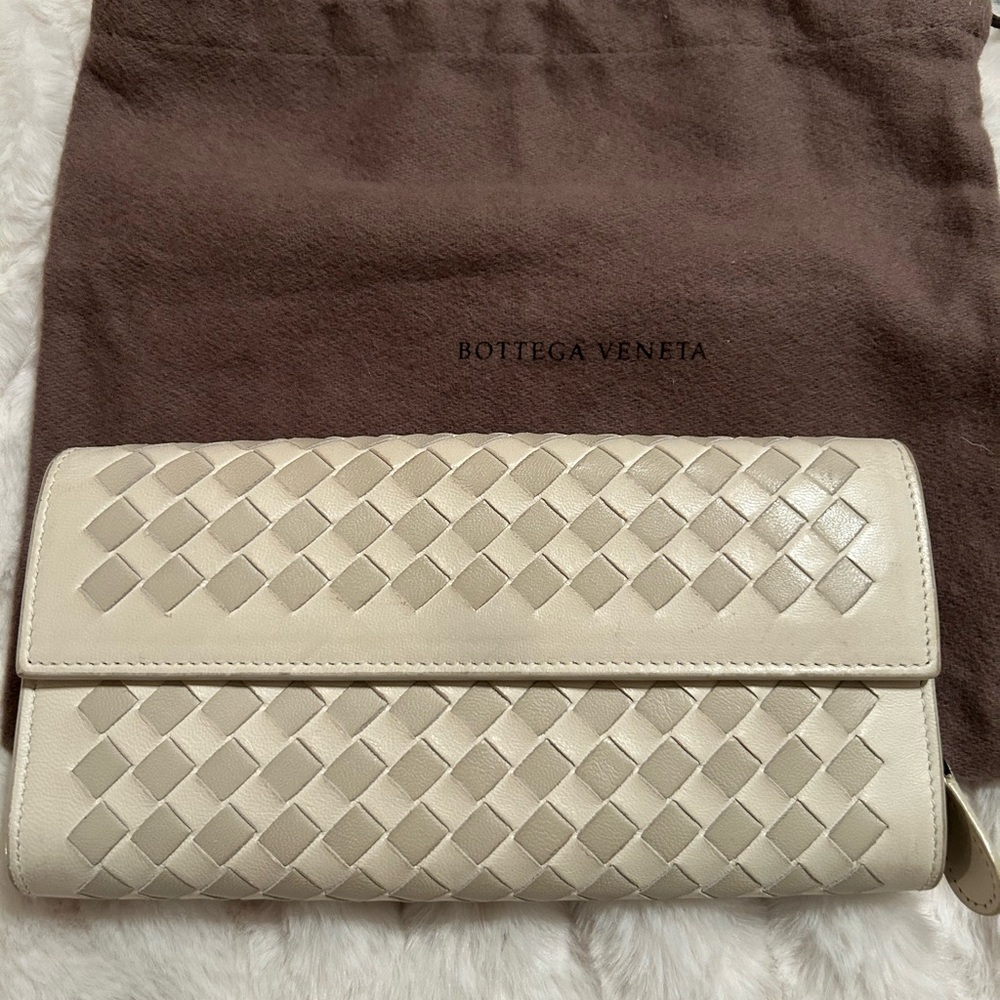 Bottega Veneta Ivory Woven Leather Long Wallet